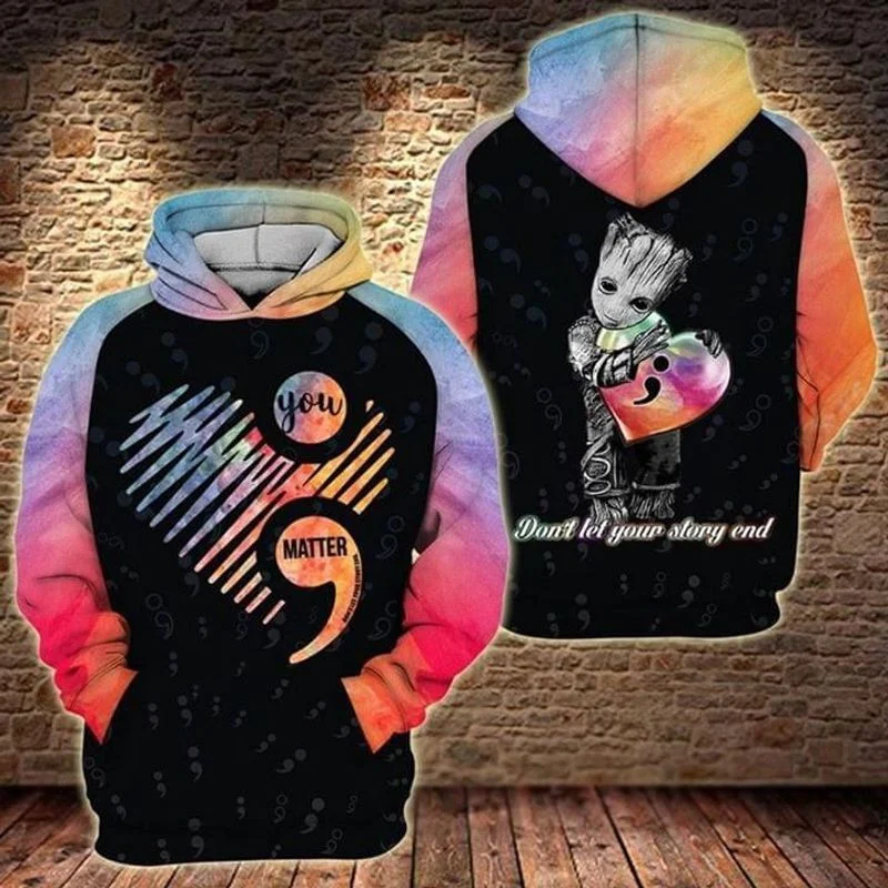 Baby Groot X Suicide Prevention You Matter Don't Let Your Story End 3d Hoodie Zip Hoodie