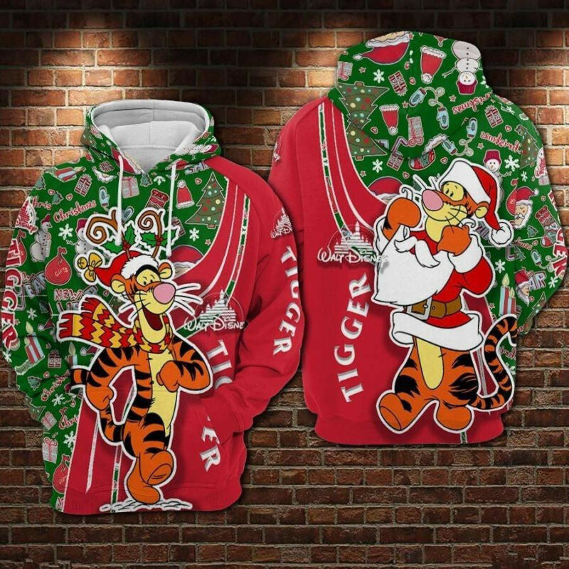 Disney Winnie The Pooh Hoodie Tigger Christmas Pattern Red Green 3d Hoodie Zip Hoodie