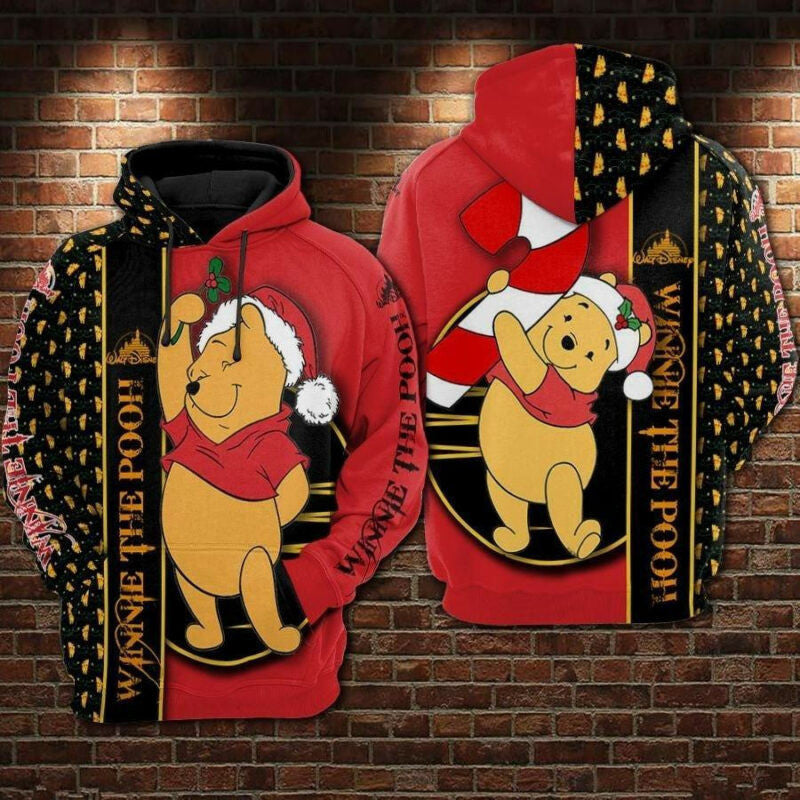 Disney Winnie The Pooh With Christmas Mistletoe Red Black 3d Hoodie Zip Hoodie