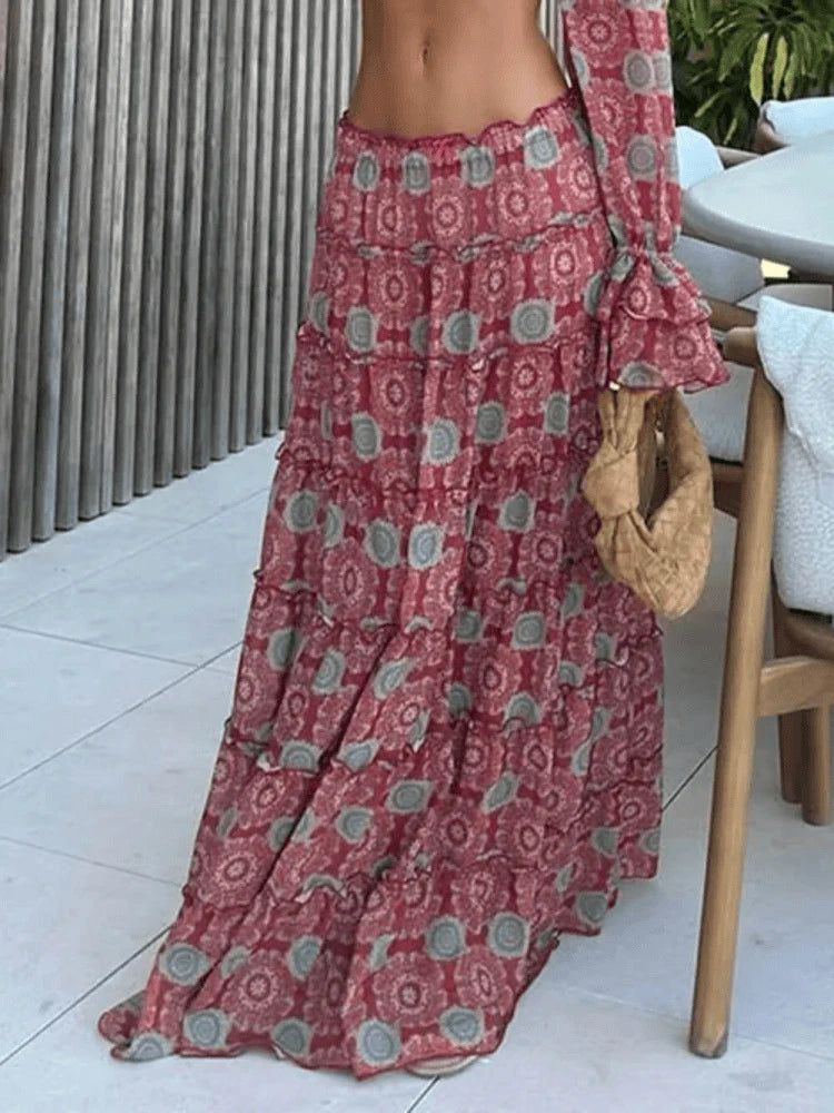 Casual Tube Tops Crop Tops&Half Skirts Set Summer New Pattern Print Bohemian Vacation Sets Elegant Lady High Waist Skirts Suits