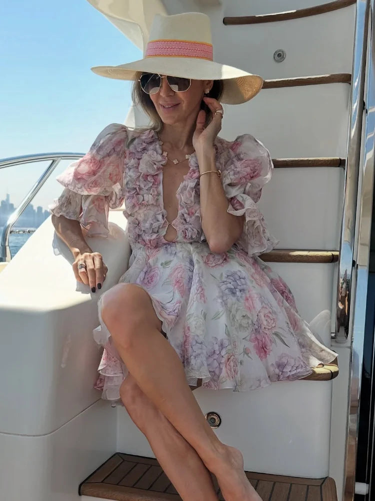 2026 Women Trendy Printed Party Dresses Elegant Flare Sleeve  V Neck Pleated High Waist Vestidos Fashion Lady Chic Evening Gowns
