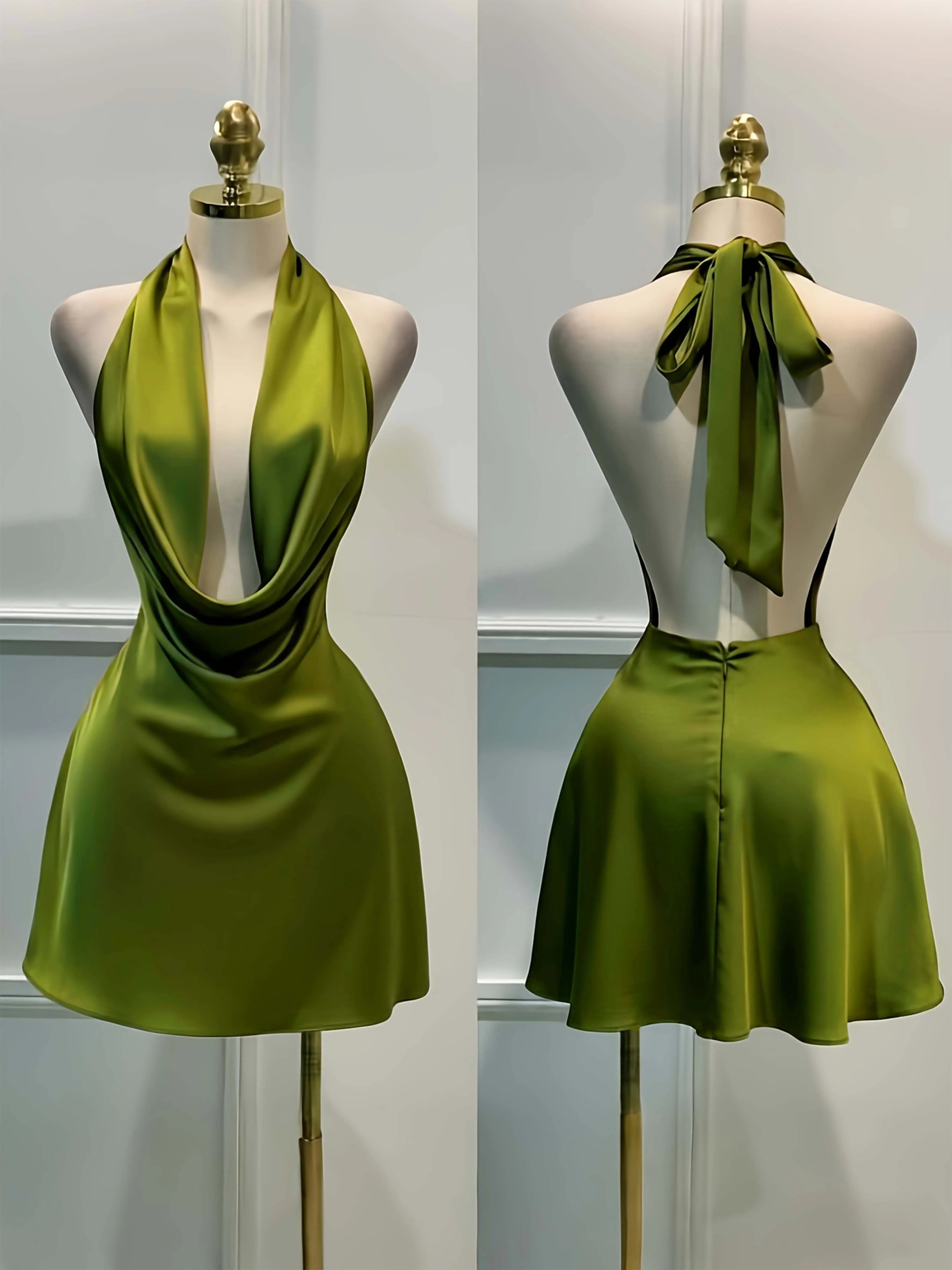Women Elegant Solid Satin Dress, Back Zipper Open Back Fitted Midi Dress, Casual Vacation Party Banquet Cocktail Gown