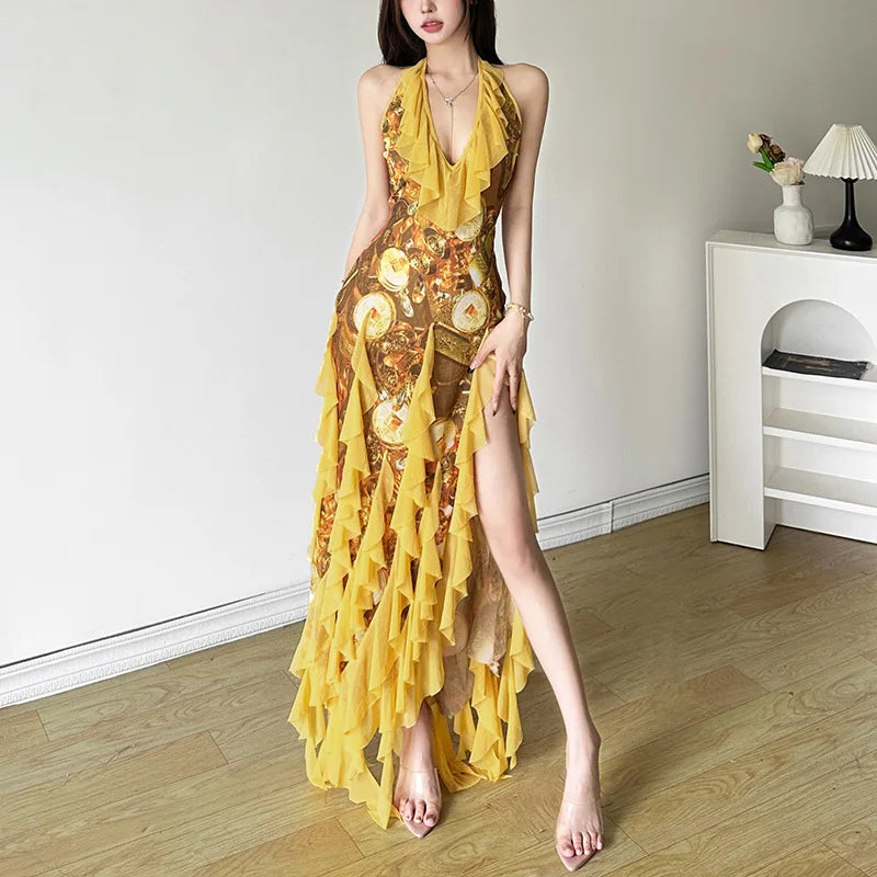 SylCue Ruched Elegant Maxi Dress Women Summer Trend Ruffles Low-neck Halter Backless Slim Slit Vacation Beach Party Vestidos