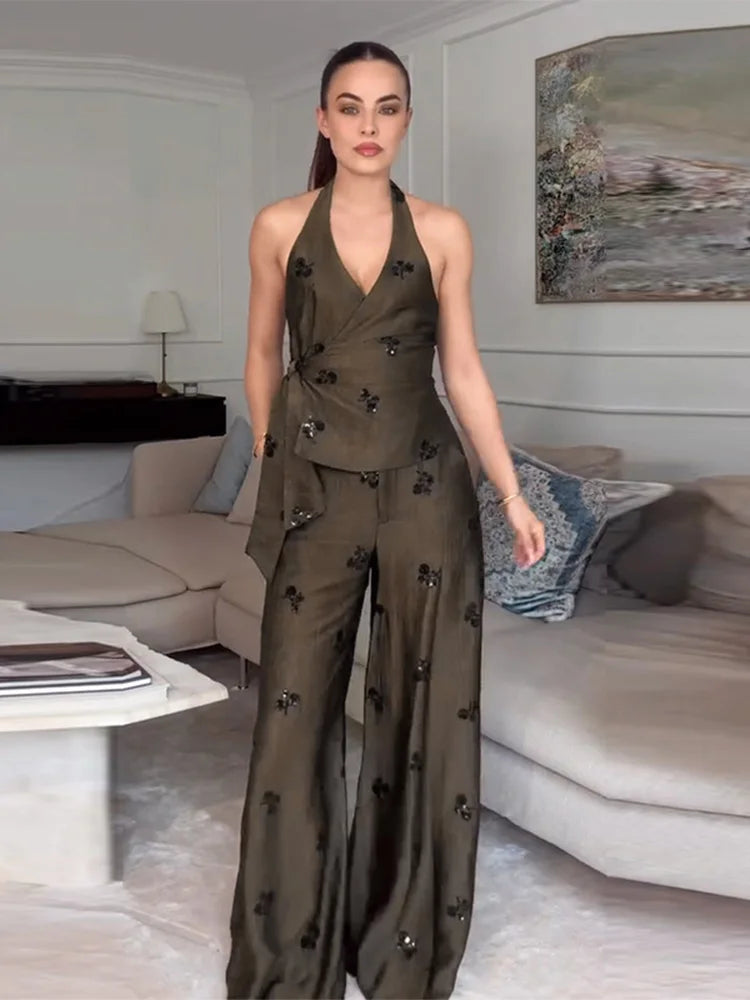 Sequin Embroidery Trousers Set Women Fashion Lace-up Halter Neck Sleeveless Top Wide Leg Pants Casual Elegant 2026 Summer Sets