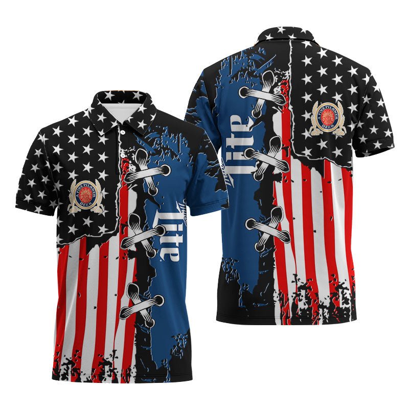 Miller Lite Patriotic Grunge Flag Polo Shirt